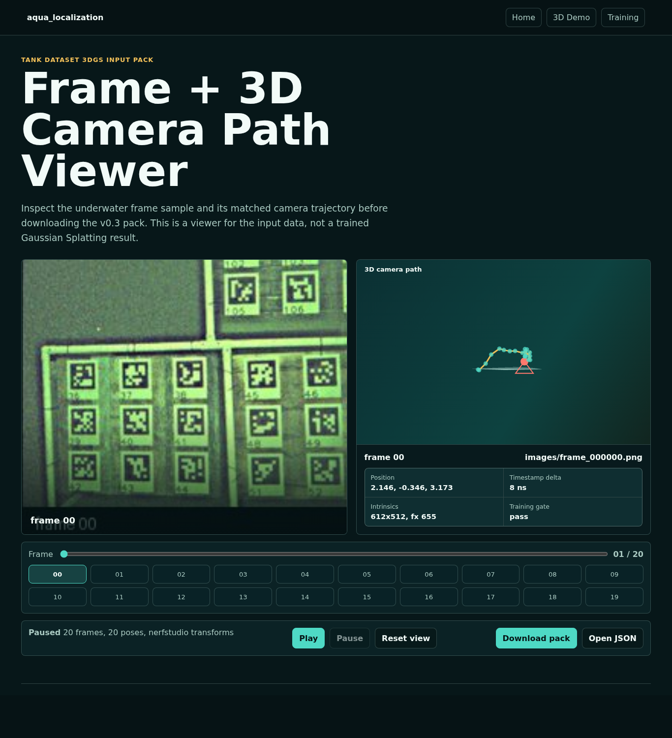 Underwater 3DGS sample viewer with frame preview, 3D camera path, and playback controls