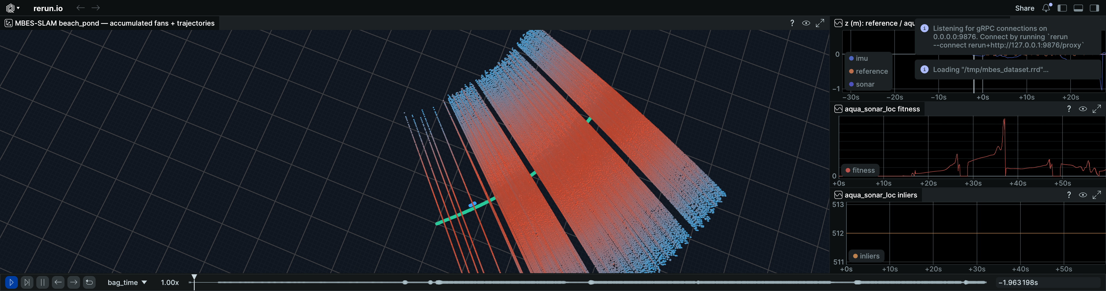 MBES-SLAM beach_pond bathymetry replay in rerun.io